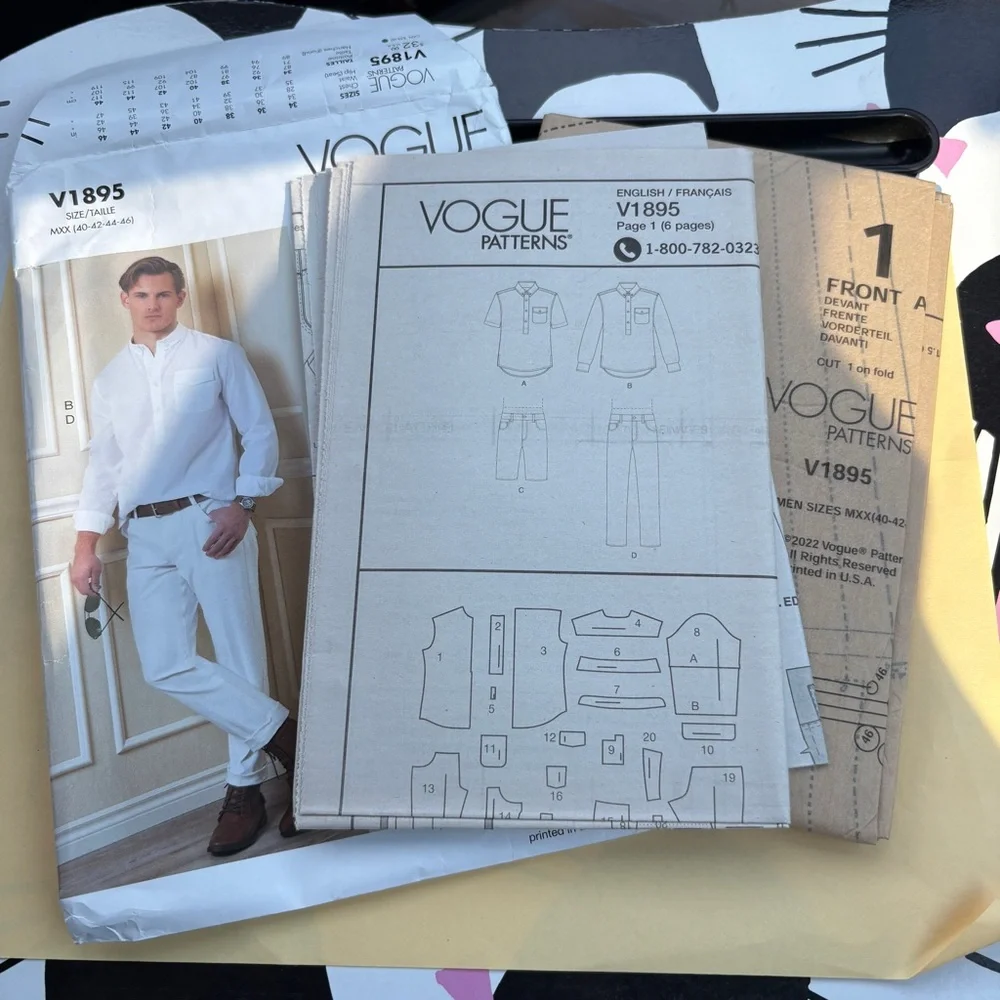 Vogue Pattern V1895 MXX for Men’s Shirt, Shorts, and Pants